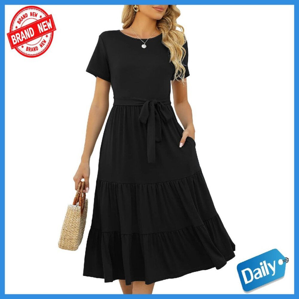 Summer Tiered Midi Dress with Pockets, Belted, Size Small
